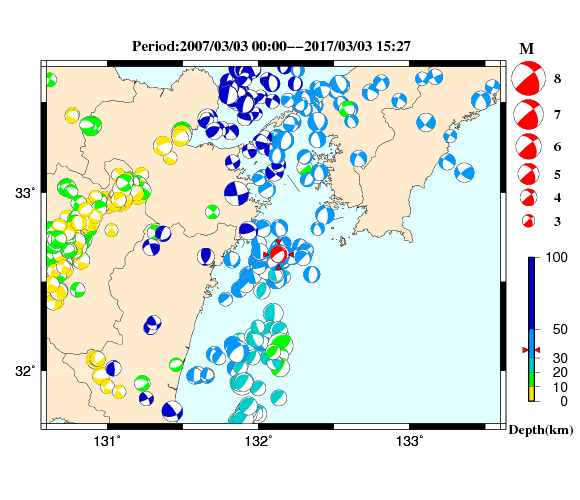 過去に起きた地震の初動発震機構解