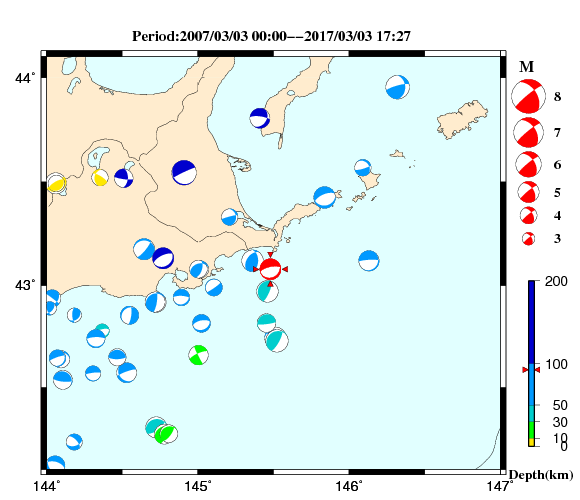 過去に起きた地震の初動発震機構解