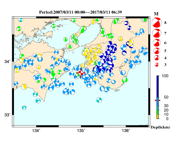過去に起きた地震の初動発震機構解