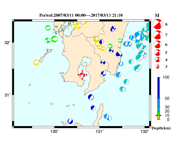過去に起きた地震の初動発震機構解