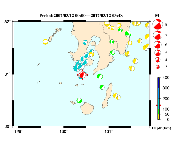 過去に起きた地震の初動発震機構解