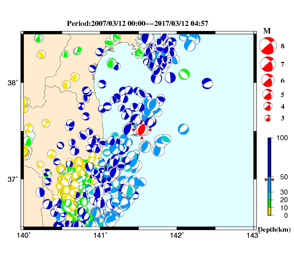 過去に起きた地震の初動発震機構解