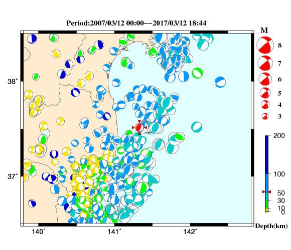 過去に起きた地震の初動発震機構解