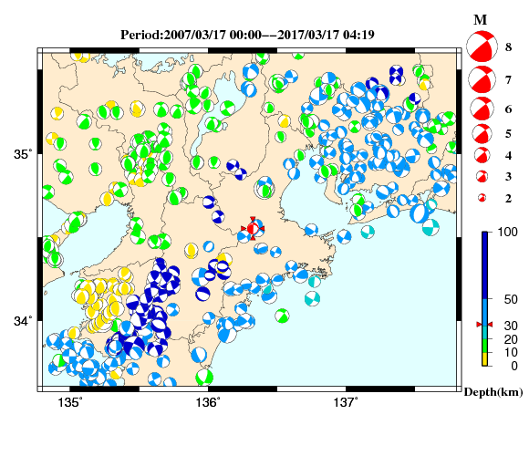 過去に起きた地震の初動発震機構解