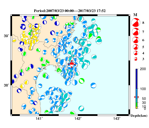 過去に起きた地震の初動発震機構解