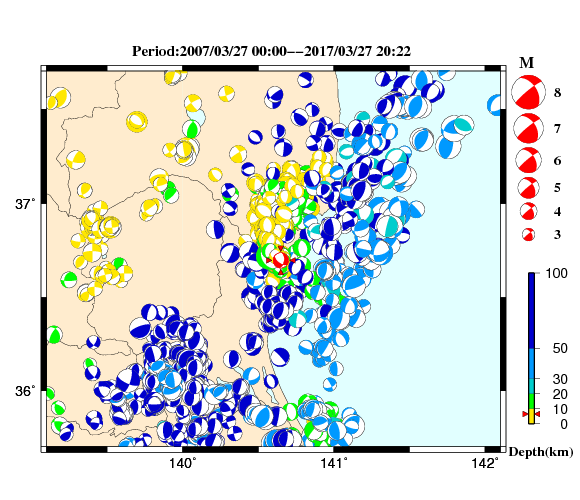 過去に起きた地震の初動発震機構解