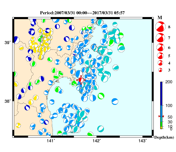 過去に起きた地震の初動発震機構解