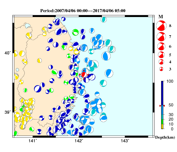 過去に起きた地震の初動発震機構解