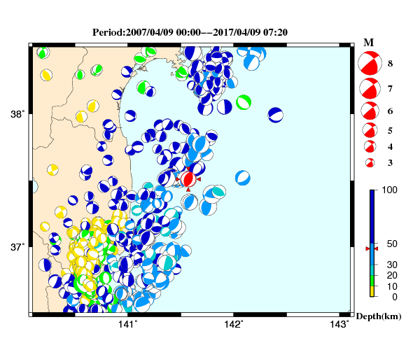 過去に起きた地震の初動発震機構解
