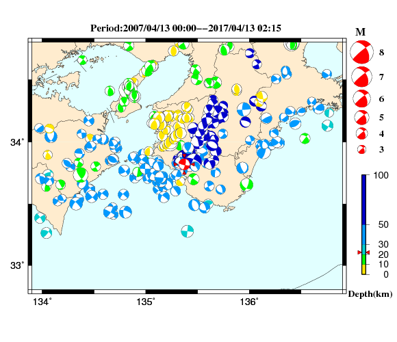 過去に起きた地震の初動発震機構解