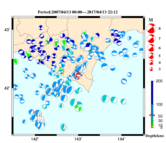 過去に起きた地震の初動発震機構解