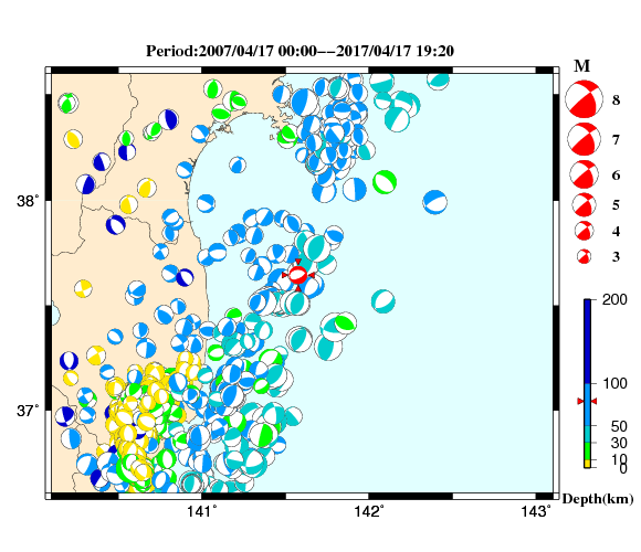 過去に起きた地震の初動発震機構解
