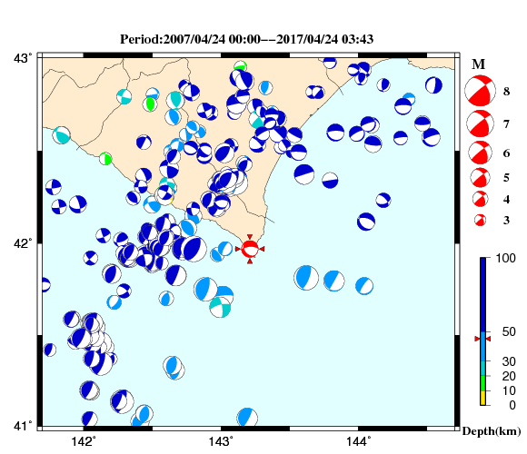 過去に起きた地震の初動発震機構解
