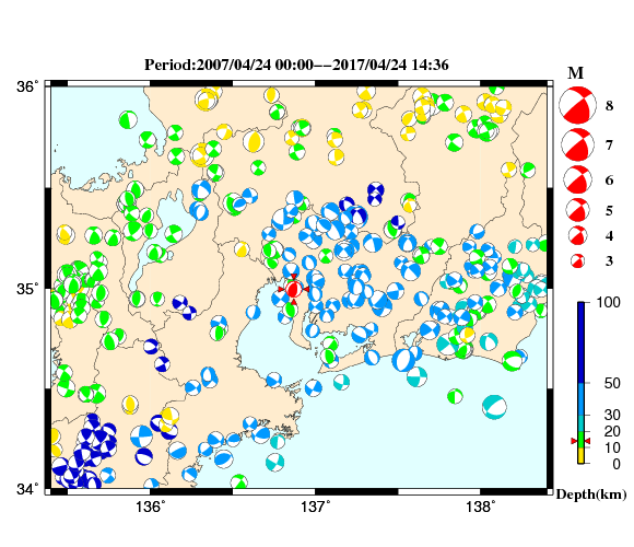 過去に起きた地震の初動発震機構解
