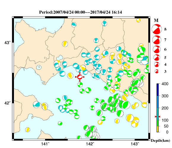 過去に起きた地震の初動発震機構解