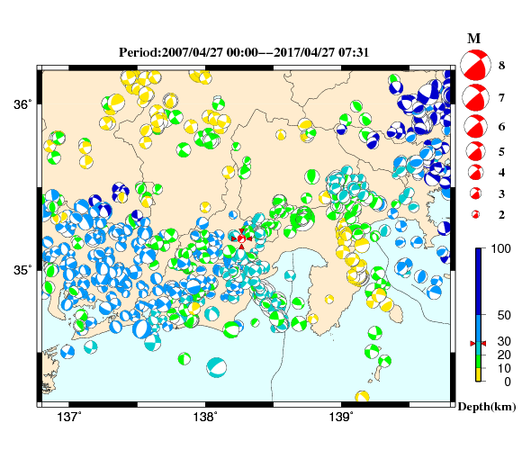過去に起きた地震の初動発震機構解