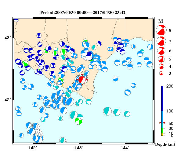 過去に起きた地震の初動発震機構解