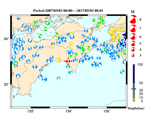 過去に起きた地震の初動発震機構解