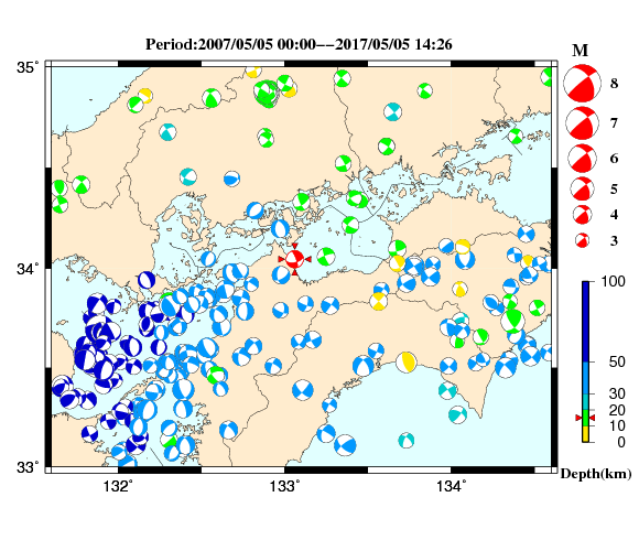 過去に起きた地震の初動発震機構解