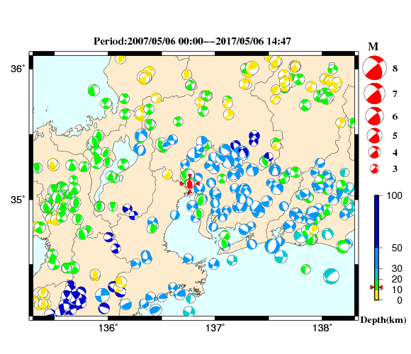 過去に起きた地震の初動発震機構解