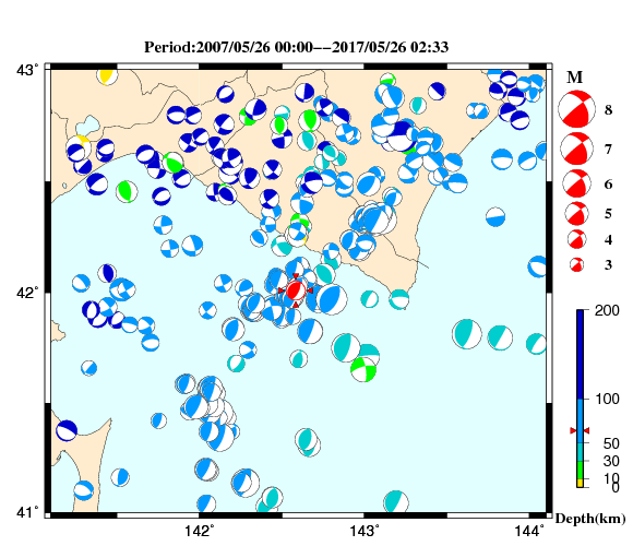 過去に起きた地震の初動発震機構解