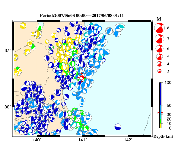 過去に起きた地震の初動発震機構解