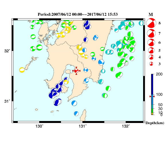 過去に起きた地震の初動発震機構解