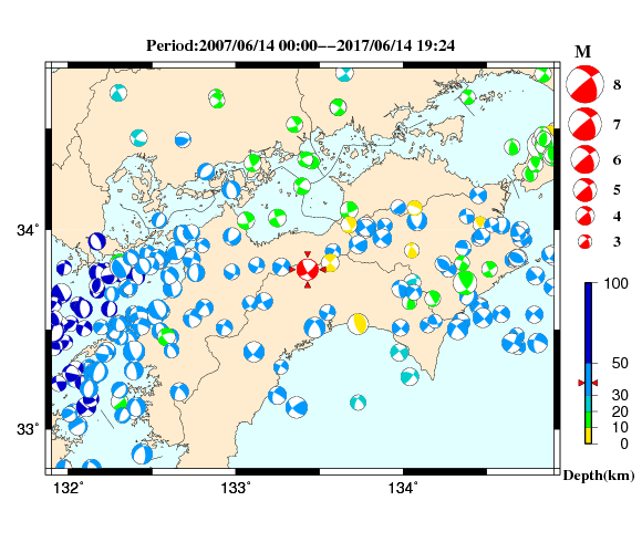 過去に起きた地震の初動発震機構解