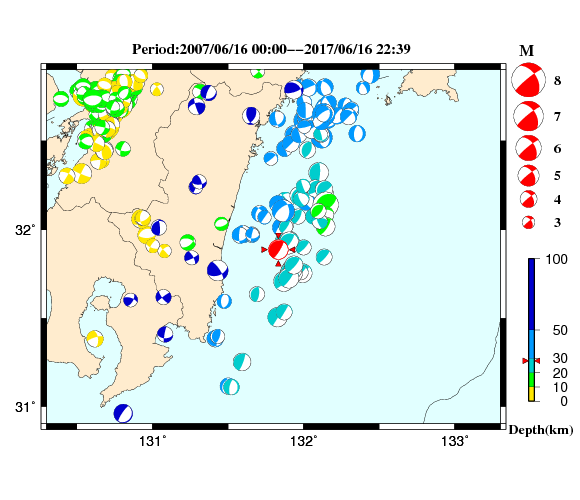 過去に起きた地震の初動発震機構解