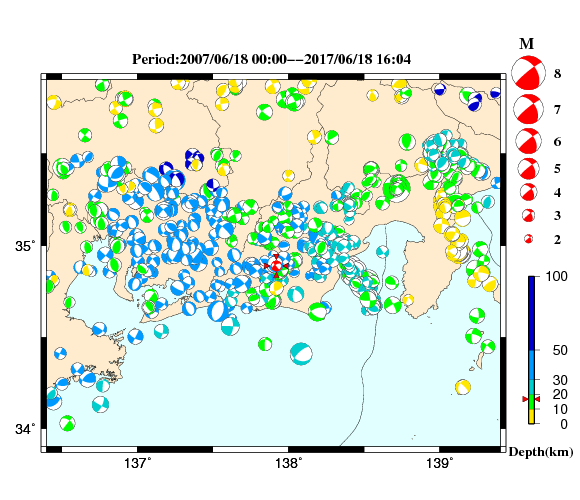 過去に起きた地震の初動発震機構解