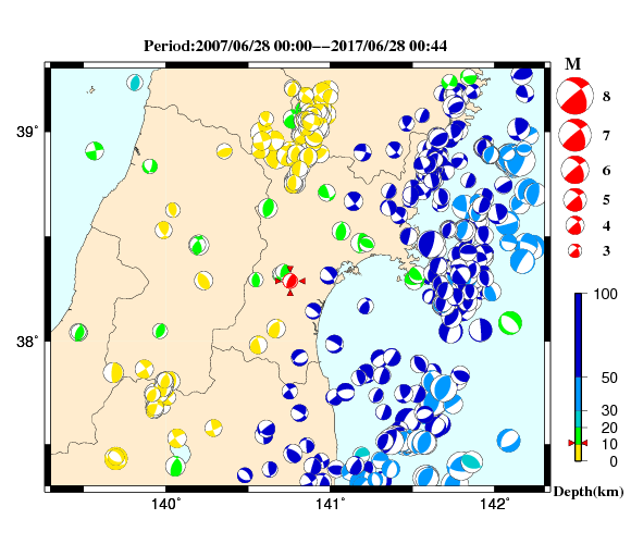 過去に起きた地震の初動発震機構解