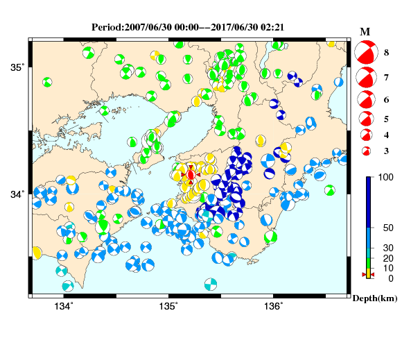過去に起きた地震の初動発震機構解