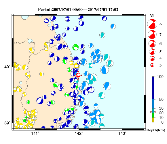 過去に起きた地震の初動発震機構解