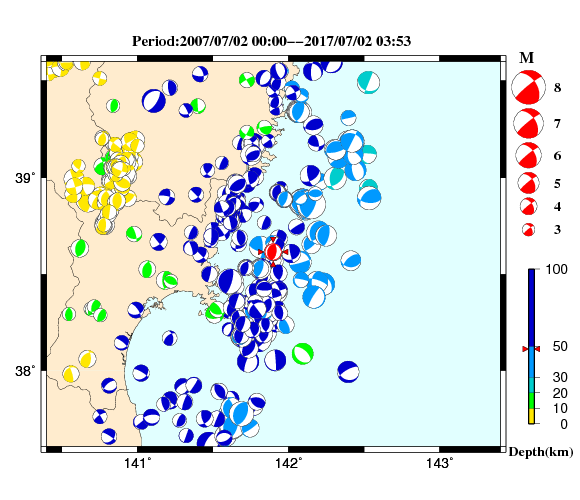 過去に起きた地震の初動発震機構解