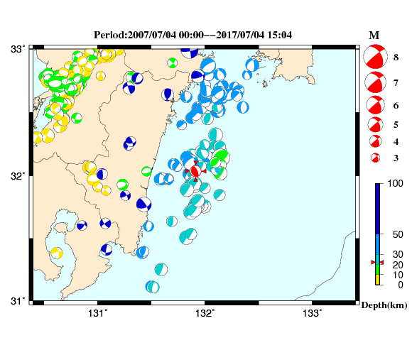 過去に起きた地震の初動発震機構解