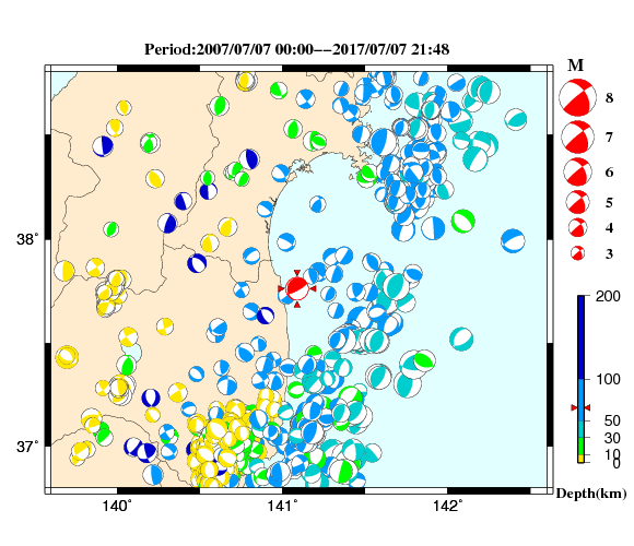 過去に起きた地震の初動発震機構解