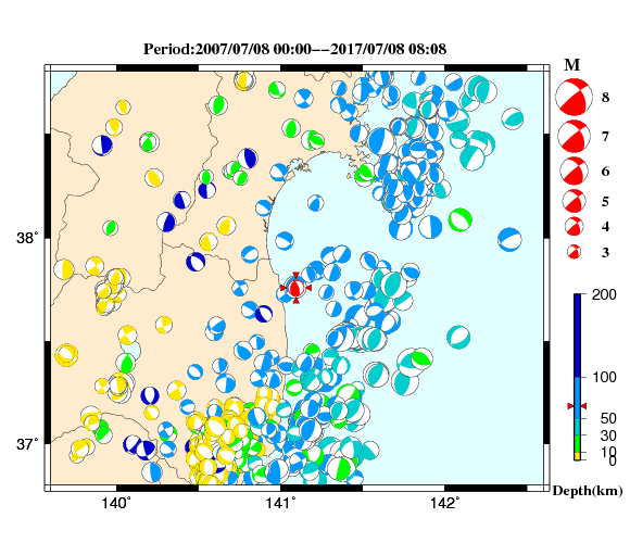 過去に起きた地震の初動発震機構解