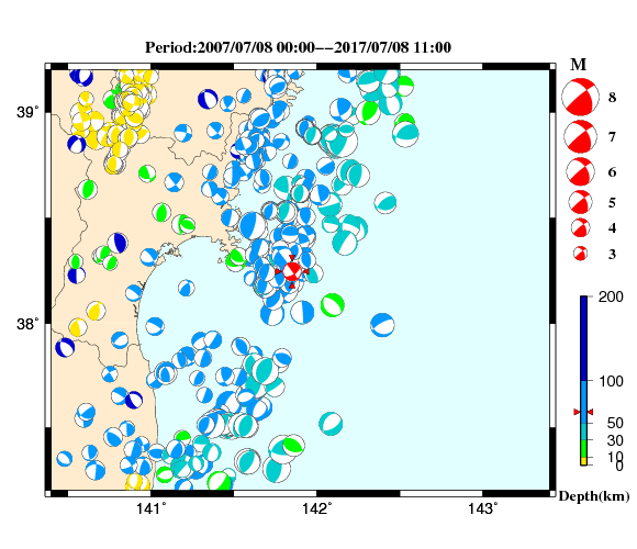過去に起きた地震の初動発震機構解