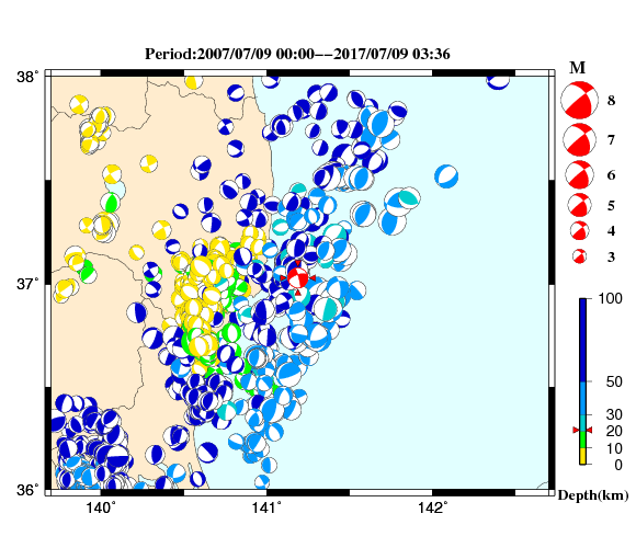 過去に起きた地震の初動発震機構解