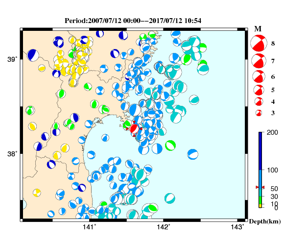 過去に起きた地震の初動発震機構解