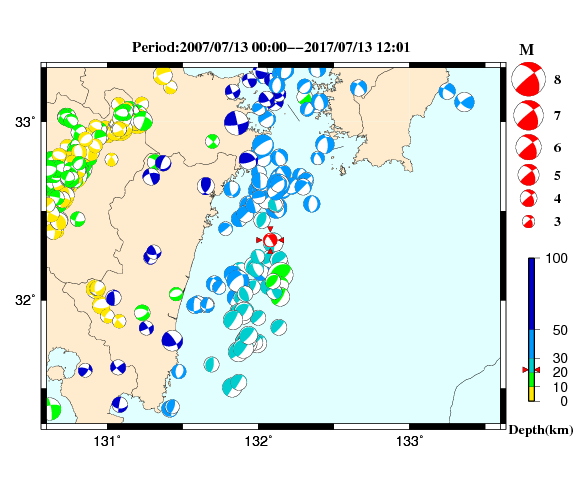 過去に起きた地震の初動発震機構解
