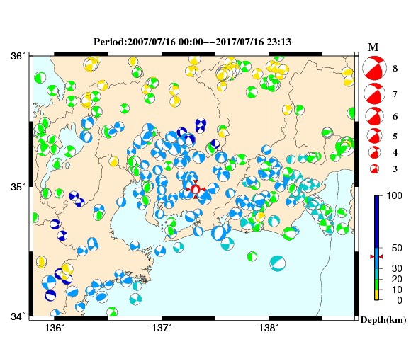 過去に起きた地震の初動発震機構解