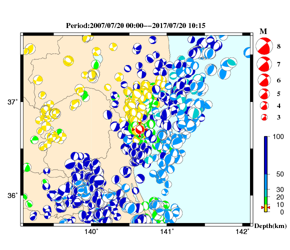 過去に起きた地震の初動発震機構解