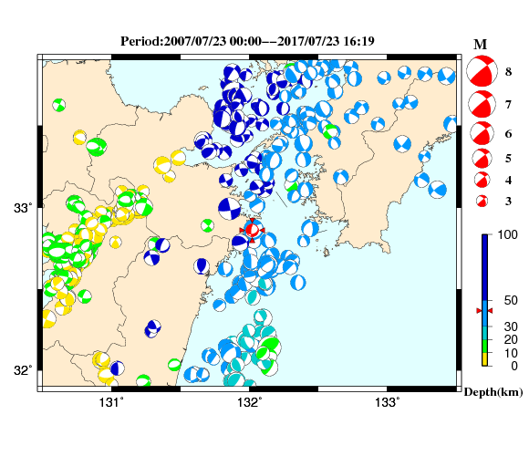 過去に起きた地震の初動発震機構解