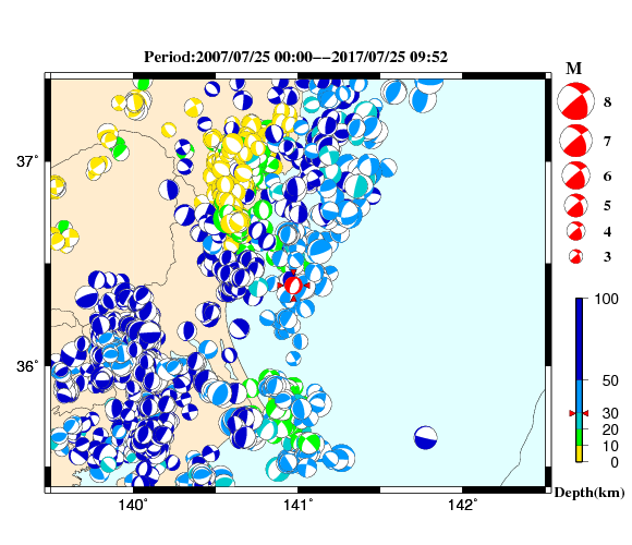 過去に起きた地震の初動発震機構解