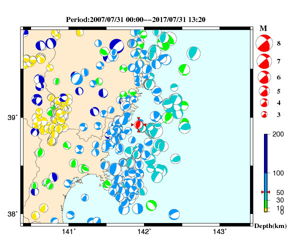 過去に起きた地震の初動発震機構解