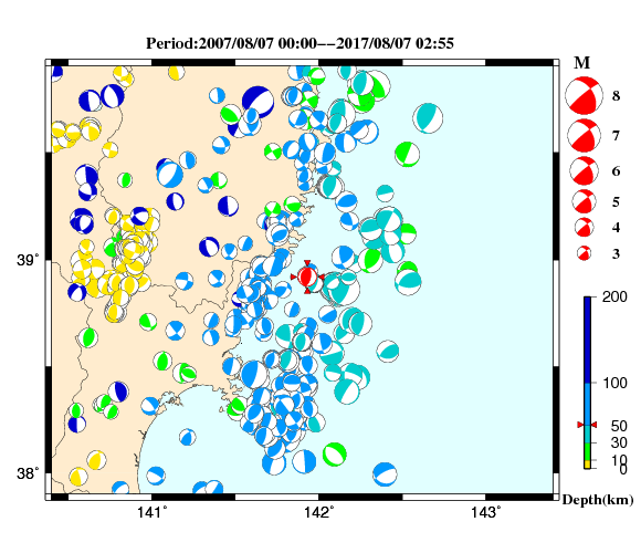 過去に起きた地震の初動発震機構解