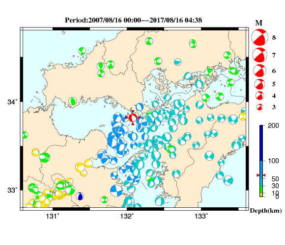 過去に起きた地震の初動発震機構解