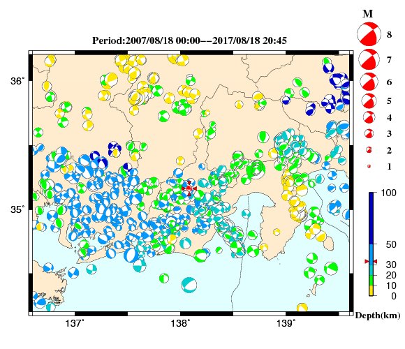 過去に起きた地震の初動発震機構解