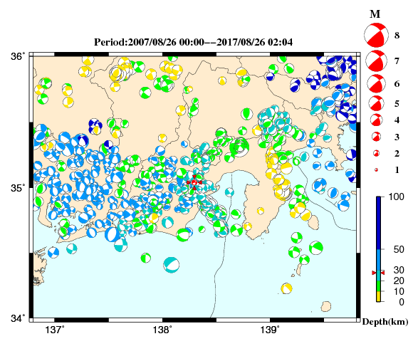 過去に起きた地震の初動発震機構解